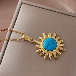 Vintage 304 Stainless Steel Sun Pendant Necklace with Dyed Synthetic Turquoise Stone for Women&nbsp;LS-TN1181