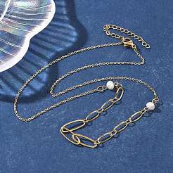 304 Stainless Steel & Glass Pearl Oval Link Chain Necklaces for Women&nbsp;NJEW-A045-04G-1