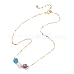 Natural Cultured Freshwater Pearl & Natural Amethyst & Apatite Round Beaded Pendant Brass Cable Chain Necklaces for Women&nbsp;NJEW-JN05686