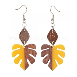 Resin & Walnut Wood Monstera Leaf Dangle Earrings&nbsp;EJEW-JE04877