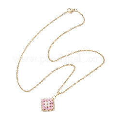 Natural Rainbow Moonstone and Handmade Glass Beaded Rhombus Pendant 304 Stainless Steel Cable Chain Necklaces&nbsp;NJEW-MZ00124-01