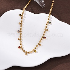 304 Stainless Steel Ball Chain Colorful Cubic Zirconia Flat Round Tassel Necklaces for Women&nbsp;NJEW-L157-10G