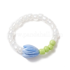 Flower Bud Synthetic Coral & Glass Seed Beaded Stretch Ring for Women&nbsp;RJEW-JR00557