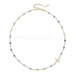 Faceted Dyed Natural Agate Round Beads & 304 Stainless Steel Tiny Cross Handmade Link Chain Necklaces&nbsp;NJEW-JN05842-01