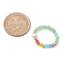 Natural Cultured Freshwater Pearl and Imitation Jade Glass Stretch Finger Rings&nbsp;RJEW-JR00674
