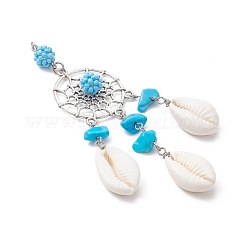 Alloy Woven Web/Net with Synthetic Turquoise Chip Beads and Natural Cowrie Shell Tassel Big Pendants&nbsp;PALLOY-MZ01090