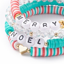 4Pcs 4 Style Handmade Polymer Clay Heishi Sunfer Stretch Bracelets Set with Brass Heart&nbsp;BJEW-TA00093
