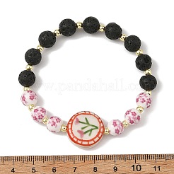 2Pcs 2 Colors Handmade Printed Porcelain Floral Flat Round & Round Natural Lava Rock Beaded Stretch Bracelet Sets&nbsp;BJEW-JB14186