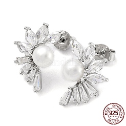 Anti-Tarnish Cubic Zirconia Flower with Natural Pearl Stud Earrings&nbsp;EJEW-F318-13P