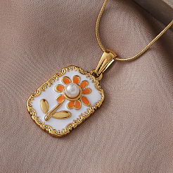 316 Surgical Stainless Steel Enamel with Imitation Pearl Rectangle with Flower Pendant Necklaces for Women&nbsp;ST9494