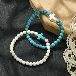 2Pcs 2 Color Synthetic Turquoise Cross Beaded Stretch Bracelets Set&nbsp;BJEW-TA00398