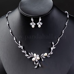 Flower Brass Micro Pave Clear Cubic Zirconia with Plastic Pearl Pendant Necklaces & Stud Dangle Earrings Sets&nbsp;FS-WG5BD9C-01