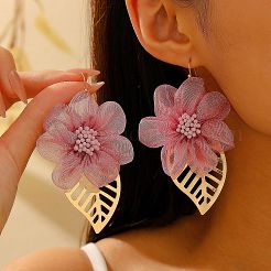 Flower with Leaf Alloy Cloth Dangle Earrings&nbsp;FS-WG075D7-01
