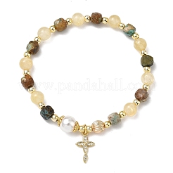 Brass Micro Pave Clear Cubic Zirconia Charm Natural Golden Silk Jade Round and Faceted Cube African Turquoise(Jasper) Beaded Stretch Bracelets for Women&nbsp;BJEW-JB14378-01