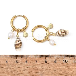 Natural Cultured Freshwater Pearl Beads & Spiral Shell Dangle Hoop Earrings&nbsp;EJEW-JE07252