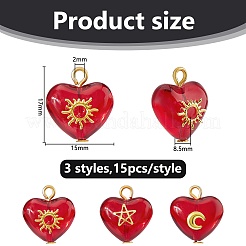 45Pcs 3 Styles Brass Glass Heart Pendants&nbsp;PALLOY-DC00038