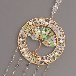 Copper Wire Wrapped Tree of Life Glass & Natural Green Aventurine Suncatchers&nbsp;HJEW-F027-14