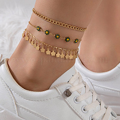 Alloy Green Enamel Flower Tassel 3 Layer Anklets for Women&nbsp;FS-WG5D6F4-01