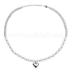 Hip-Hop Style 304 Stainless Steel & Plastic Pearl Heart Pendant Necklaces&nbsp;FS-WGD9F57-01