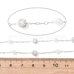 304 Stainless Steel & ABS Plastic Pearl & Polymer Clay Crystal Rhinestone Round Bead Cable Chains&nbsp;CHS-G048-13P