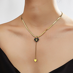 201 Stainless Steel Enamel Elegant Black Heart Tassel Pendant Necklaces for Women&nbsp;MU3610
