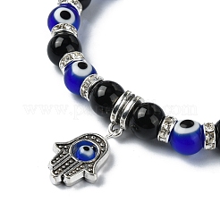 Natural Black Onyx & Rhinestone & Evil Eye Beaded Stretch Bracelets&nbsp;BJEW-TA00448