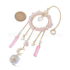 Natural Rose Quartz Chip Pendant Decorations with Brass Moon & Cable Chain & Electroplated Quartz Crystal Tassel&nbsp;HJEW-JM01650-04