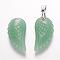 Natural Green Aventurine Pendants, Wing, Platinum, 29x15x6mm, Hole: 4mm