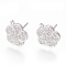 Brass Stud Earring Findings, Cadmium Free & Lead Free, with Cubic Zirconia and Loop, Flower, Clear, Platinum, 11x9.5mm, Hole: 1mm, Pin: 0.8mm