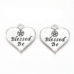 Tibetan Style Alloy Pendants, Lead Free & Cadmium Free, Heart with Word Blessed Be & Pentacle, Antique Silver, 19x19x2mm, Hole: 2mm, about 210pcs/500g