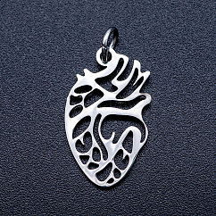 Non-Tarnish 201 Stainless Steel Pendants, Anatomical Organ Heart Shape, with Unsoldered Jump Rings, Stainless Steel Color, 20x12x1mm, Hole: 3mm, Jump Ring: 5x0.8mm