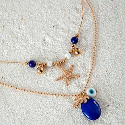 Alloy Starfish Coconut Tree & Oval Resin Pendant Double Layer Necklaces&nbsp;FS-WGC9AA5-01