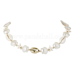 Summer Synthetic Turquoise Starfish & Natural Cowrie Shell & White Imitation Pearl Adjustable Beaded Necklaces&nbsp;NJEW-JN05270-02