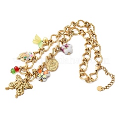 304 Stainless Steel Butterfly & Acrylic & Ceramic Flower Pendant Necklaces for Women&nbsp;NJEW-A063-13G