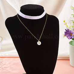 Alloy White Enamel Flat Round with Letter A Pendant Single Face Velvet Ribbon & 304 Stainless Steel Chain Double Layered Necklaces for Women&nbsp;NJEW-TAC0040