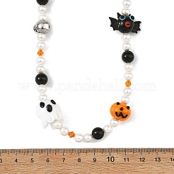 Halloween Handmade Lampwork Bat Ghost Pumpkin and Round Shell Pearl Beaded Necklaces for Women&nbsp;NJEW-TA00277