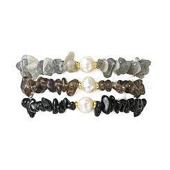 3Pcs 3 Styles Natural Mixed Gemstone Chip & Cultured Freshwater Pearl Beaded Stretch Bracelets Set for Women&nbsp;BJEW-JB13762-09