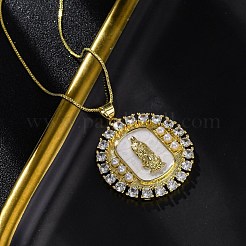 Brass Clear Cubic Zirconia Flat Round with Virgin Mary Pendant Necklaces&nbsp;NJEW-C071-07B-G