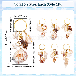 6Pcs 6 Styles Ocean Style Natural Shell with Synthetic Turquoise & Spiral Shell Keychains&nbsp;KEYC-SP0001-56