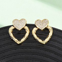 Brass Micro Pave Cubic Zirconia Heart Stud Earrings&nbsp;EJEW-B153-14G