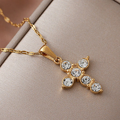 Vintage Stainless Steel Crystal Rhinestone Religion Cross Pendant Necklaces for Women&nbsp;SW7870
