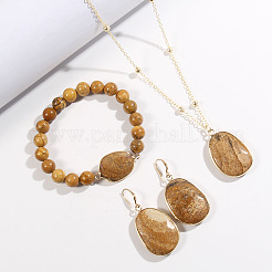 Oval Alloy with Natural Picture Jasper Pendant Necklaces & Beaded Bracelets & Dangle Earrings Sets&nbsp;WGD3DFC-04