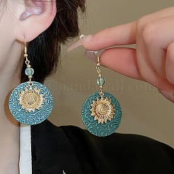 Flat Round with Sunflower Alloy Glass Dangle Earrings&nbsp;FS-WG8AC10-01
