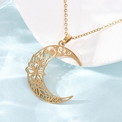 304 Stainless Steel Hollow Flower Moon Pendant Cable Chain Necklaces for Men Women&nbsp;NJEW-K308-01A-G