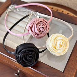 1Pc Fabric French Rose Flower Pendant PU Leather Choker Women's Necklaces&nbsp;NJEW-CL0001-06C