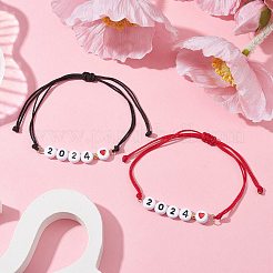 2Pcs 2 Color Heart with Word 2024 Acrylic Braided Bead Bracelets Set&nbsp;BJEW-JB09780