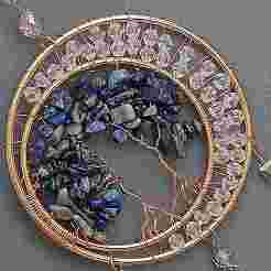 Brass Wire Wrapped Natural Sodalite Chips Tree of Life Pendant Decorations&nbsp;HJEW-D302-07B