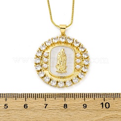 Brass Clear Cubic Zirconia Flat Round with Virgin Mary Pendant Necklaces&nbsp;NJEW-C071-07B-G