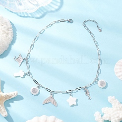 3Pcs 3 Styles Alloy Fish Tail Octopus & Natural White Shell Pendant Brass Paperclip Chain Necklaces for Women&nbsp;NJEW-JN05406