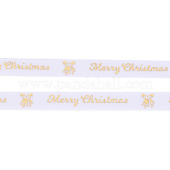 100 Yards Christmas Theme Gold Stamping Merry Christmas Polyester Printed Grosgrain Ribbons&nbsp;ORIB-TAC0006-01D